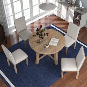 hyc 5-piece round extendable table and 4 upholstered chairs dining set farmhouse rustic furniture for 4 persons ideal for kitchen, living room and bar, natural wood wash