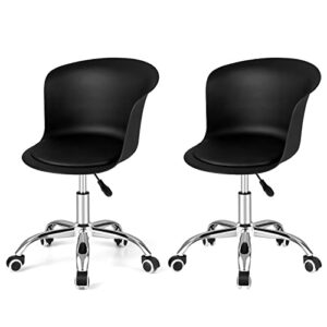 giantex home office desk chair set of 2, armless plastic swivel rolling task chair w/soft pu leather cushion & universal casters, modern computer chair for dorm bedroom living room, black