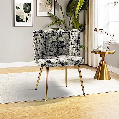 HULALA HOME Modern Dining Chairs Set of 2, Print Living Room Chair with Shell Back and Golden Metal Legs, Comfy Upholstered Cute Accent Chair for Living Room Bedroom Makeup Room Vanity, Grey