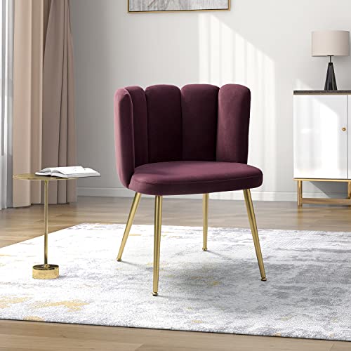 HULALA HOME Velvet Dining Chair Modern Living Room Chair with Shell Back and Golden Metal Legs, Comfy Upholstered Cute Accent Chair for Living Room Bedroom Makeup Room Vanity, Purple