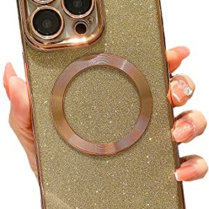 wahhle Magnetic Case for iPhone 13 Pro Max, Luxury Plating Cute Bling Phone Clear Cover with Glitter Card Compatible with Magsafe for Women Girls with Camera Protector（iPhone 13 Pro Max,Gold）