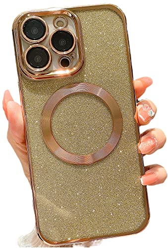 wahhle Magnetic Case for iPhone 13 Pro Max, Luxury Plating Cute Bling Phone Clear Cover with Glitter Card Compatible with Magsafe for Women Girls with Camera Protector（iPhone 13 Pro Max,Gold）