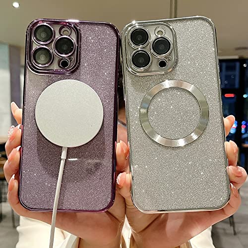 wahhle Magnetic Case for iPhone 13 Pro Max, Luxury Plating Cute Bling Phone Clear Cover with Glitter Card Compatible with Magsafe for Women Girls with Camera Protector（iPhone 13 Pro Max,Gold）