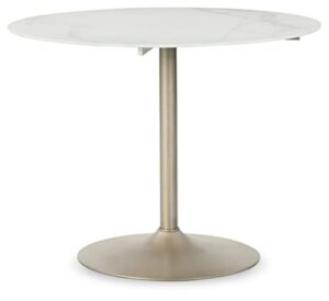 signature design by ashley barchoni contemporary round 39.5" dining room table with a marble print glass top, white & goldtone finish