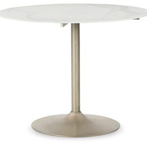 Signature Design by Ashley Barchoni Contemporary Round 39.5" Dining Room Table with A Marble Print Glass Top, White & Goldtone Finish