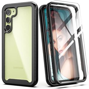 galaxy s23 case with tempered glass screen protector,idweel hybrid 2 in 1 shockproof slim fit transparent heavy duty protection shock resistant hybrid tpu bumper cover,black bumper/clear