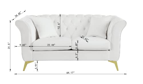 Loveseat Sofa,Upholstered Futon Sofa with Button Tufted Back,Modern Velvet Loveseat Sofa Couch with Armrest,Mid-Century 2 Seater Corner Sofa Couch with Metal Legs for Apartments Bedroom Dorm,White