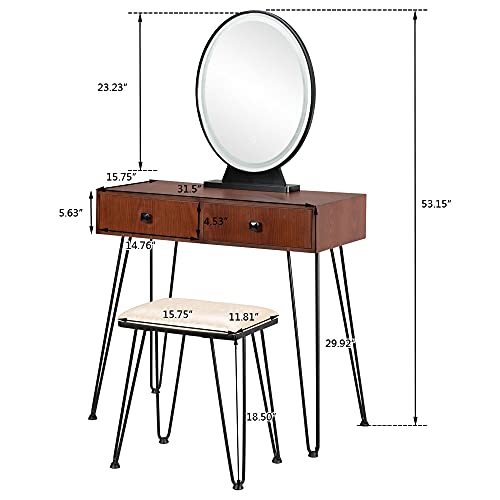WYKDD Dresser Set Dressing Table Bedroom Wrought Iron Dresser Black Iron feet Brown Table top Built-in 3 Color led