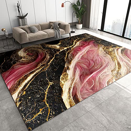 Pink Black Gold Marble Texture Area Rug, Modern Abstract Dreamy Design Printed Carpet, Indoor Rug Soft Washable Non-Slip Durable Suitable for Living Room Bedroom Boy Girl Decor3 x 5ft