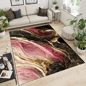 Pink Black Gold Marble Texture Area Rug, Modern Abstract Dreamy Design Printed Carpet, Indoor Rug Soft Washable Non-Slip Durable Suitable for Living Room Bedroom Boy Girl Decor3 x 5ft