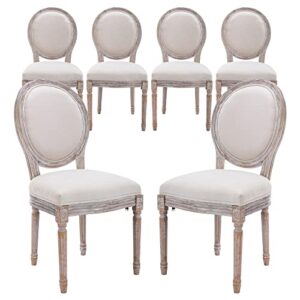 colamy french country vintage dining chairs set of 6, upholstered farmhouse dining room chairs with round back, solid wood legs, accent side chairs for kitchen/living room/bedroom-classic beige