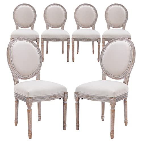 COLAMY French Country Vintage Dining Chairs Set of 6, Upholstered Farmhouse Dining Room Chairs with Round Back, Solid Wood Legs, Accent Side Chairs for Kitchen/Living Room/Bedroom-Classic Beige