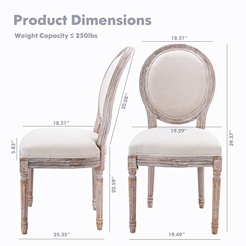 COLAMY French Country Vintage Dining Chairs Set of 6, Upholstered Farmhouse Dining Room Chairs with Round Back, Solid Wood Legs, Accent Side Chairs for Kitchen/Living Room/Bedroom-Classic Beige