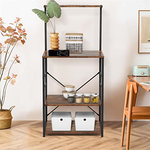 WYKDD 4 Tier Wooden Kitchen Storage Rack Bakery Shelf with 4 Tier Microwave Oven Farmhouse Rustic Industrial Style X Design Frame