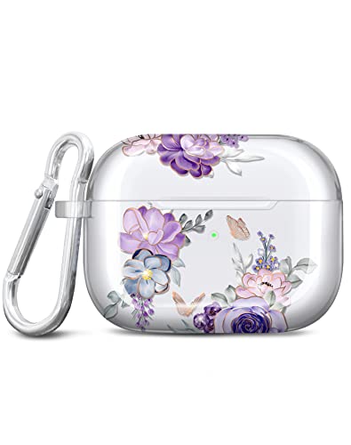 JIAXIUFEN for Airpods Pro 2nd Generation Case Cover Gold Glitter Butterfly Design Protective TPU Skin for Women Girl with Keychain Compatible with AirPods Pro 2019/Pro 2 Gen 2022 Flower Purple