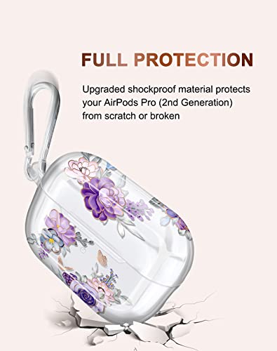 JIAXIUFEN for AirPods Pro 2019 / Airpods Pro 2nd Generation Case Cover Gold Sparkle Glitter Butterfly Design Cute Full Protective TPU Skin Accessories for Women Girl with Keychain, Flower Purple