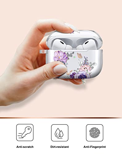 JIAXIUFEN for AirPods Pro 2019 / Airpods Pro 2nd Generation Case Cover Gold Sparkle Glitter Butterfly Design Cute Full Protective TPU Skin Accessories for Women Girl with Keychain, Flower Purple