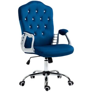 vinsetto home office chair, velvet computer chair, button tufted desk chair with swivel wheels, adjustable height, and tilt function, blue