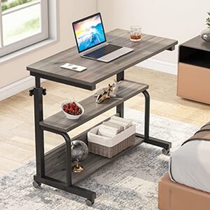 tribesigns small portable desk side table with wheels, height adjustable sofa couch bedside laptop table, mobile standing computer cart c shaped rolling tv tray with storage shelves (gray)