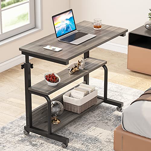 Tribesigns Small Portable Desk Side Table with Wheels, Height Adjustable Sofa Couch Bedside Laptop Table, Mobile Standing Computer Cart C Shaped Rolling TV Tray with Storage Shelves (Gray)