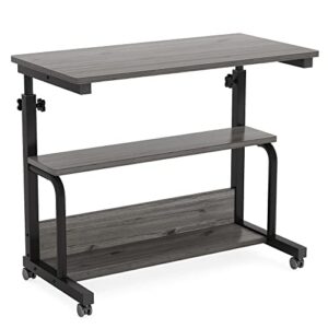 Tribesigns Small Portable Desk Side Table with Wheels, Height Adjustable Sofa Couch Bedside Laptop Table, Mobile Standing Computer Cart C Shaped Rolling TV Tray with Storage Shelves (Gray)