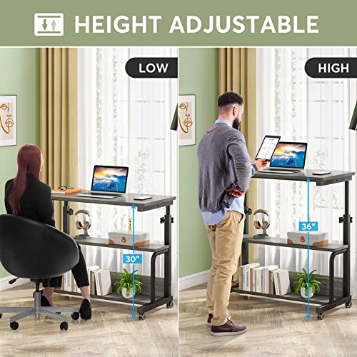 Tribesigns Small Portable Desk Side Table with Wheels, Height Adjustable Sofa Couch Bedside Laptop Table, Mobile Standing Computer Cart C Shaped Rolling TV Tray with Storage Shelves (Gray)