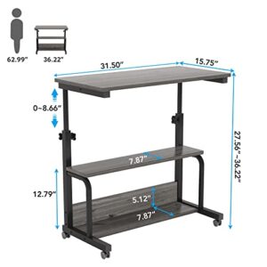 Tribesigns Small Portable Desk Side Table with Wheels, Height Adjustable Sofa Couch Bedside Laptop Table, Mobile Standing Computer Cart C Shaped Rolling TV Tray with Storage Shelves (Gray)