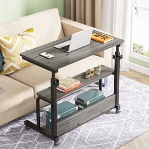 Tribesigns Small Portable Desk Side Table with Wheels, Height Adjustable Sofa Couch Bedside Laptop Table, Mobile Standing Computer Cart C Shaped Rolling TV Tray with Storage Shelves (Gray)