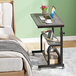 Tribesigns Small Portable Desk Side Table with Wheels, Height Adjustable Sofa Couch Bedside Laptop Table, Mobile Standing Computer Cart C Shaped Rolling TV Tray with Storage Shelves (Gray)