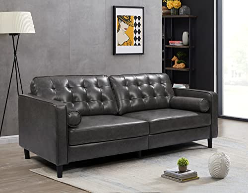 Light luxury Style Couches 85 inch Mid Century Tufted Leather Loveseat Sofa with 2 Bolster Pillows,Modern Upholstered 3 Seater Sofa w/Tufted Backrest for Living RoomBedroom,Apartment,Office(Dark grey)