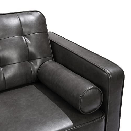 Light luxury Style Couches 85 inch Mid Century Tufted Leather Loveseat Sofa with 2 Bolster Pillows,Modern Upholstered 3 Seater Sofa w/Tufted Backrest for Living RoomBedroom,Apartment,Office(Dark grey)