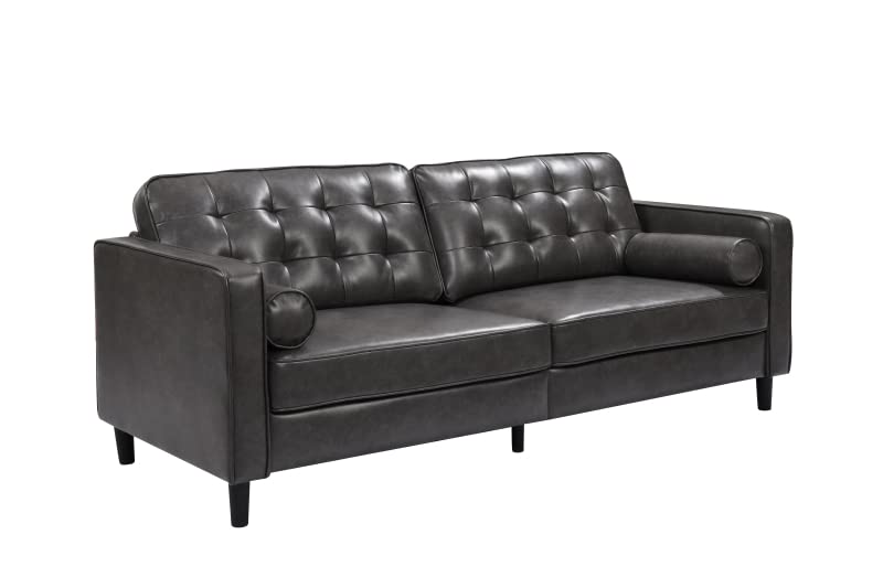 Light luxury Style Couches 85 inch Mid Century Tufted Leather Loveseat Sofa with 2 Bolster Pillows,Modern Upholstered 3 Seater Sofa w/Tufted Backrest for Living RoomBedroom,Apartment,Office(Dark grey)