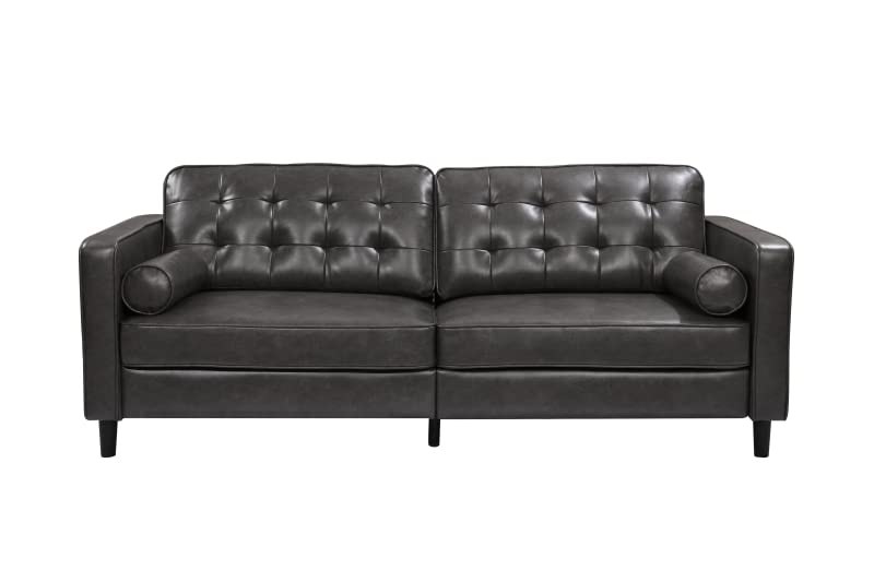 Light luxury Style Couches 85 inch Mid Century Tufted Leather Loveseat Sofa with 2 Bolster Pillows,Modern Upholstered 3 Seater Sofa w/Tufted Backrest for Living RoomBedroom,Apartment,Office(Dark grey)