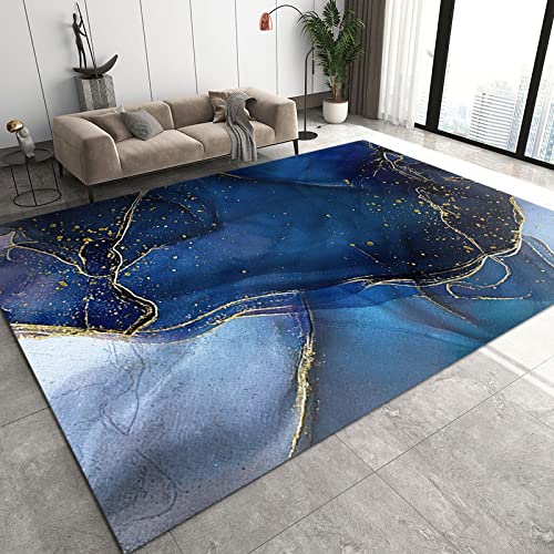 Luxury Geometric Blue Gold Water Ripple Area Rug, with Non-Slip Backing Easy Maintenance Bedroom Rug for Home Office Living Room Bedroom Kitchen Soft Area Rug-2x3ft