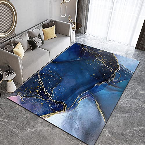 Luxury Geometric Blue Gold Water Ripple Area Rug, with Non-Slip Backing Easy Maintenance Bedroom Rug for Home Office Living Room Bedroom Kitchen Soft Area Rug-2x3ft