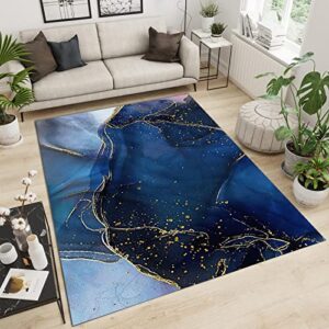 Luxury Geometric Blue Gold Water Ripple Area Rug, with Non-Slip Backing Easy Maintenance Bedroom Rug for Home Office Living Room Bedroom Kitchen Soft Area Rug-2x3ft