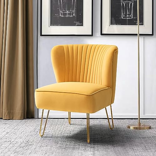 TINA'S HOME Small Velvet Accent Chair, Modern Armless Accent Chair with Golden Metal Legs & Velvet Tufted Upholstered, Living Room Velvet Dining Side Chair Suitable for Small Spaces, Mustard