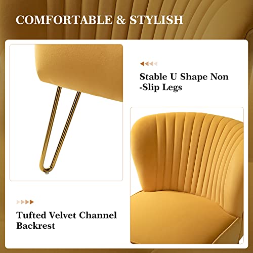 TINA'S HOME Small Velvet Accent Chair, Modern Armless Accent Chair with Golden Metal Legs & Velvet Tufted Upholstered, Living Room Velvet Dining Side Chair Suitable for Small Spaces, Mustard