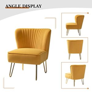 TINA'S HOME Small Velvet Accent Chair, Modern Armless Accent Chair with Golden Metal Legs & Velvet Tufted Upholstered, Living Room Velvet Dining Side Chair Suitable for Small Spaces, Mustard