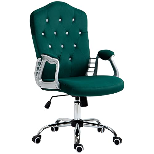 Vinsetto Home Office Chair, Velvet Computer Chair, Button Tufted Desk Chair with Swivel Wheels, Adjustable Height, and Tilt Function, Dark Green