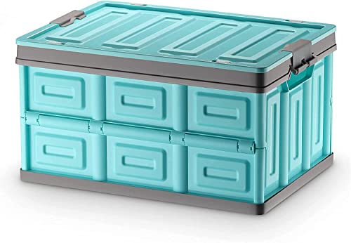 Azure Sky Foldable Storage Boxes with Lids Side Opening Collapsible Plastic Storage Bins Organizer Containers Baskets Cub with Cover,Portable Stackable Utility Crates Storage Box (Blue, 30L) 1-pack