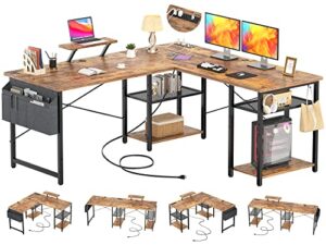 aheaplus l shaped desk with outlet and usb charging port, l-shaped desk with storage shelves reversible corner computer desk 2 person long table with monitor stand gaming home office desk,rustic brown