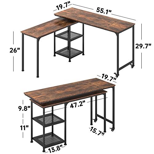 Wellynap L-Shaped Computer Desk with Open Shelves, 360° Free Rotating Corner Computer Desk, Modern Writing Desk with 2 Universal Casters for Home Office, Living Room, Brown