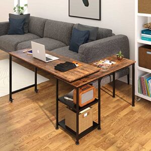 Wellynap L-Shaped Computer Desk with Open Shelves, 360° Free Rotating Corner Computer Desk, Modern Writing Desk with 2 Universal Casters for Home Office, Living Room, Brown