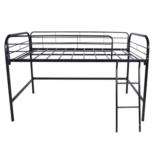 Majnesvon Metal Low Loft Bed Twin Size with Sturdy Steel Frame, Twin Loft Bed Frame with Ladder and Safety Guardrails, Storage Space Under The Bed for Kids, Toddlers, Teens (Black)