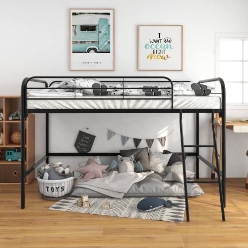 Majnesvon Metal Low Loft Bed Twin Size with Sturdy Steel Frame, Twin Loft Bed Frame with Ladder and Safety Guardrails, Storage Space Under The Bed for Kids, Toddlers, Teens (Black)