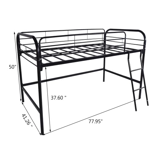 Majnesvon Metal Low Loft Bed Twin Size with Sturdy Steel Frame, Twin Loft Bed Frame with Ladder and Safety Guardrails, Storage Space Under The Bed for Kids, Toddlers, Teens (Black)