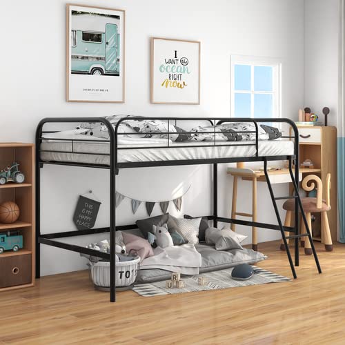 Majnesvon Metal Low Loft Bed Twin Size with Sturdy Steel Frame, Twin Loft Bed Frame with Ladder and Safety Guardrails, Storage Space Under The Bed for Kids, Toddlers, Teens (Black)