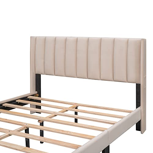 Bellemave Queen Size Bed Frame with A Storage Drawer, Velvet Upholstered Platform Bed with Wingback Vertical Channel Tufted Headboard, No Box Spring Needed, Beige