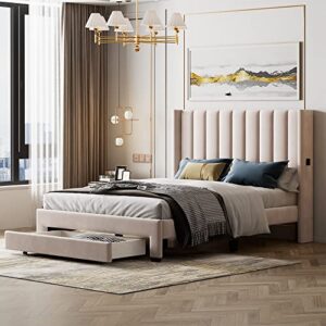 bellemave queen size bed frame with a storage drawer, velvet upholstered platform bed with wingback vertical channel tufted headboard, no box spring needed, beige